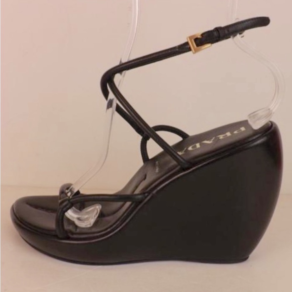 PRADA] Chocolate Brown Leather Crisscross Heel Platform Sandal